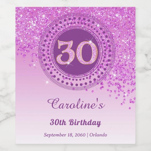 Stylish Falling Pink Glitter 30th Birthday ワインラベル (シングルラベル)