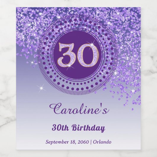 Stylish Falling Purple Glitter 30th Birthday ワインラベル (シングルラベル)