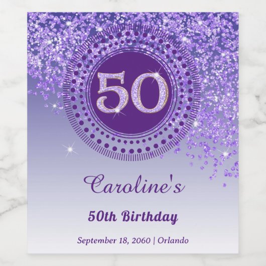 Stylish Falling Purple Glitter 50th Birthday ワインラベル (シングルラベル)