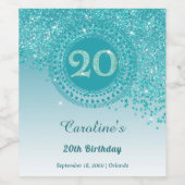 Stylish Falling Teal Blue Glitter 20th Birthday ワインラベル (シングルラベル)