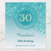 Stylish Falling Teal Blue Glitter 30th Birthday ワインラベル (シングルラベル)