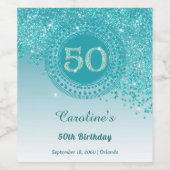 Stylish Falling Teal Blue Glitter 50th Birthday ワインラベル (シングルラベル)