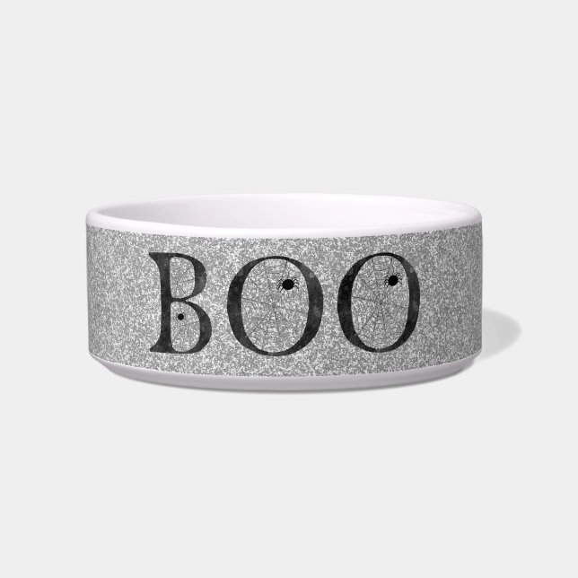 Stylish Faux Silver Glitter Boo Halloween Dog ボウル (正面)