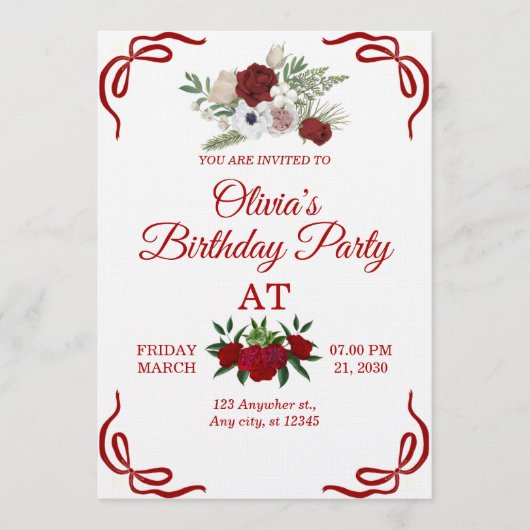 Stylish Floral Birthday Invitation Card 招待状 (正面)