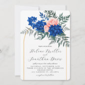 Stylish Floral Elegant Cobalt Blue Pink Wedding 招待状 (正面)