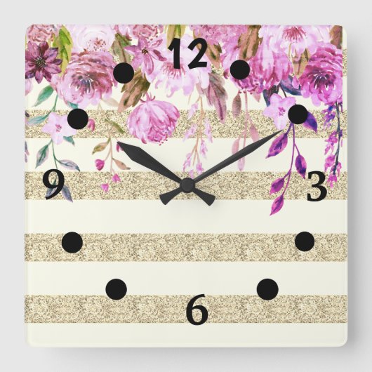 Stylish Floral Gold Striped スクエア壁時計 (正面)