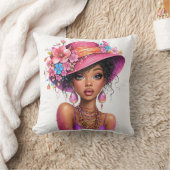 Stylish Floral Hat Woman Vibrant Portrait Art クッション (ブランケット)