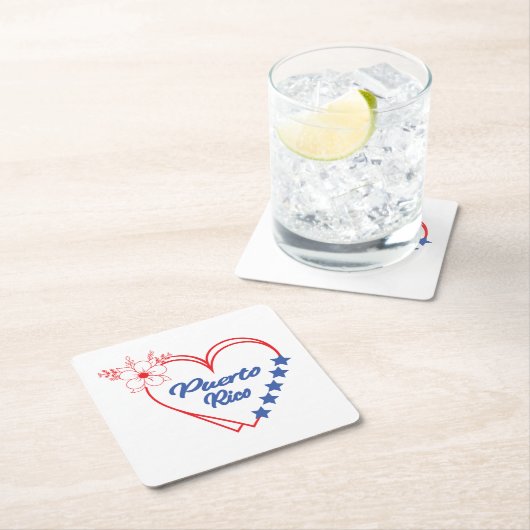 Stylish Floral Puerto Rico Heart Illustration スクエアペーパーコースター (インサイチュ)