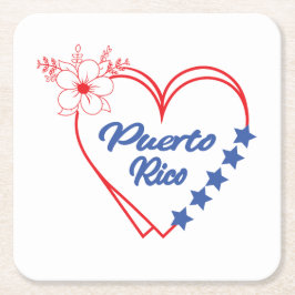 Stylish Floral Puerto Rico Heart Illustration スクエアペーパーコースター
