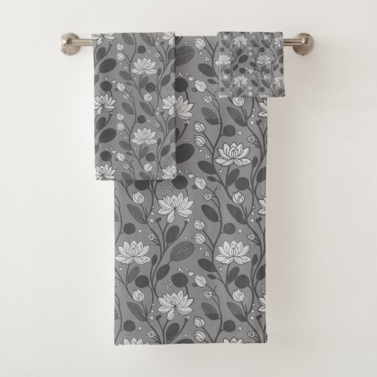Stylish Flower Pattern on Silver Gray バスタオルセット (インサイチュ)
