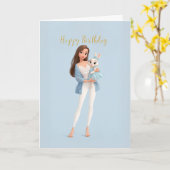 Stylish Girl in Blue Lace w/ Cute Bunny BDay カード (黄色い花)