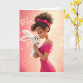 Stylish Girl in Hot Pink w/ White Bunny Birthday カード (黄色い花)