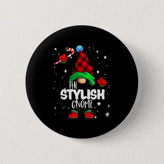 Stylish Gnome Red Buffalo Plaid Matching Family Ch 缶バッジ (正面)