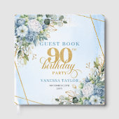 Stylish Gold Glitter Frame Dusty Blue 90 Birthday ゲストブック (正面)