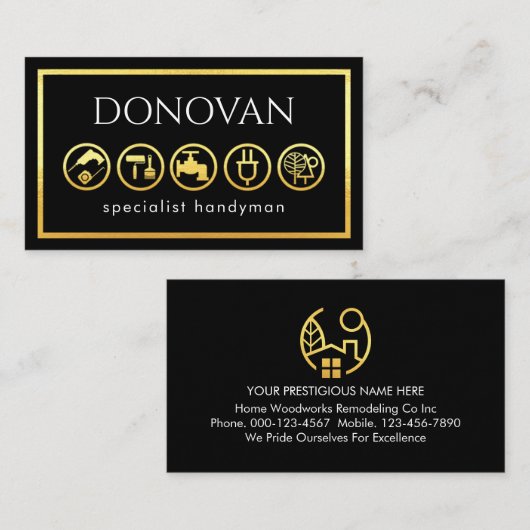 Stylish Gold Handyman Tools Frame 名刺 (正面/裏面)