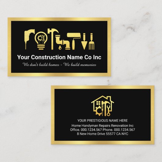 Stylish Gold Handyman Tools Gold Frame 名刺 (正面/裏面)