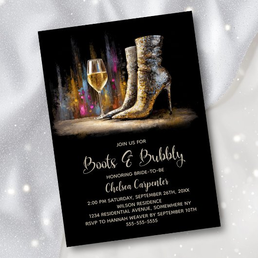 Stylish Gold Sequin Boots and Bubbly Bridal Shower 招待状