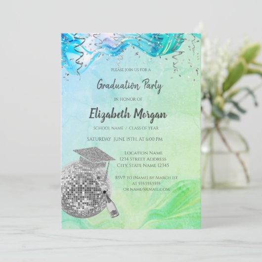 Stylish Grad Cap,Disco Ball,Wine Green Abstract 招待状 (スタンド正面)