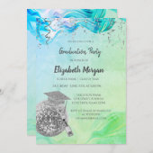 Stylish Grad Cap,Disco Ball,Wine Green Abstract 招待状 (正面/裏面)