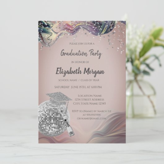 Stylish Grad Cap,Disco Ball,Wine Violet Abstract 招待状 (スタンド正面)