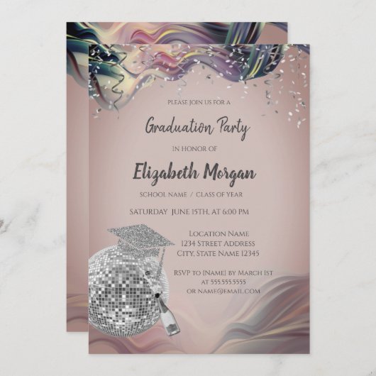 Stylish Grad Cap,Disco Ball,Wine Violet Abstract 招待状 (正面/裏面)