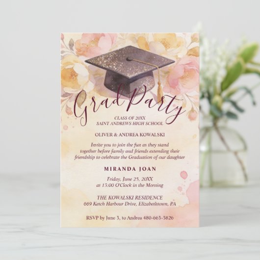 Stylish Graduation Cap 4-Photo Collage Floral 招待状 (スタンド正面)