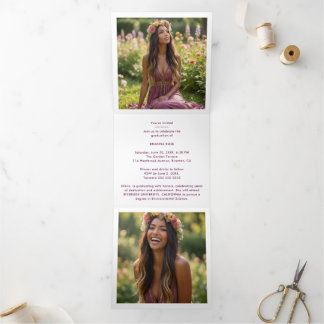 Stylish Graduation Cap Plum Tones & Gold 三つ折り案内状