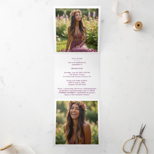 Stylish Graduation Cap Plum Tones & Gold 三つ折り案内状 (内部)