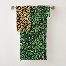 Stylish Green and Gold Foil Leopard Spots バスタオルセット