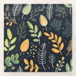 Stylish Green and Yellow Foliage Pattern  ガラスコースター