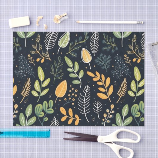 Stylish Green and Yellow Foliage Pattern  薄葉紙 (クラフト)