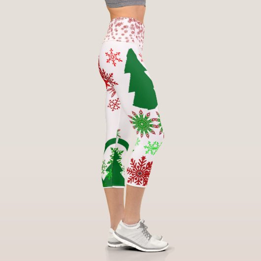 Stylish Green Christmas Tree Red Snowflakes White  カプリレギンス (右)