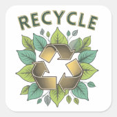 Stylish Green & Faux Gold Recycle Symbol Leaves スクエアシール (正面)