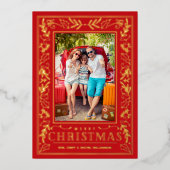 Stylish Greenery Christmas Photo Gold 箔シーズンカード (正面)