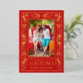 Stylish Greenery Christmas Photo Gold 箔シーズンカード (立ち正面)