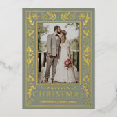 Stylish Greenery Christmas Photo Gold 箔シーズンカード (正面)