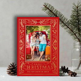Stylish Greenery Christmas Photo Gold 箔シーズンカード