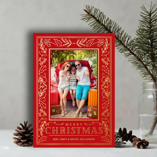 Stylish Greenery Christmas Photo Gold 箔シーズンカード