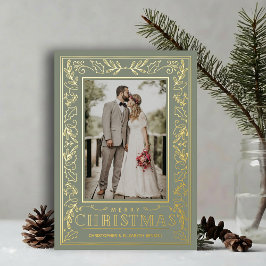 Stylish Greenery Christmas Photo Gold 箔シーズンカード