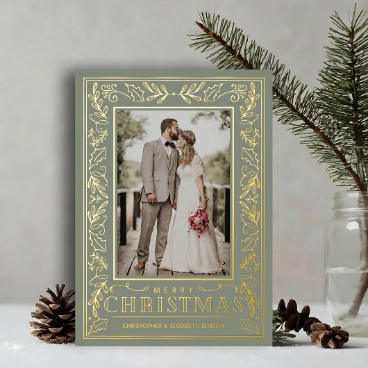 Stylish Greenery Christmas Photo Gold 箔シーズンカード