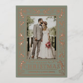 Stylish Greenery Christmas Photo Rose Gold 箔シーズンカード (正面)