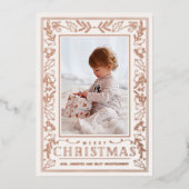Stylish Greenery Christmas Photo Rose Gold 箔シーズンカード (正面)