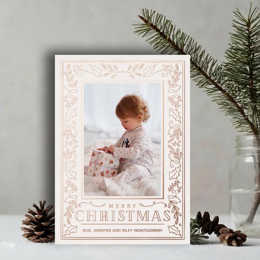Stylish Greenery Christmas Photo Rose Gold 箔シーズンカード