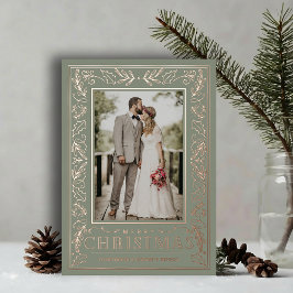 Stylish Greenery Christmas Photo Rose Gold 箔シーズンカード