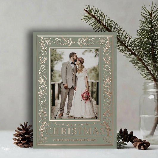 Stylish Greenery Christmas Photo Rose Gold 箔シーズンカード