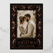 Stylish Greenery Christmas Photo Rose Gold 箔シーズンカード (正面)