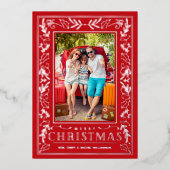 Stylish Greenery Christmas Photo Silver 箔シーズンカード (正面)