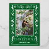 Stylish Greenery Christmas Photo Silver 箔シーズンカード (正面)