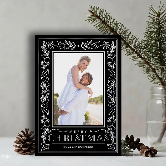 Stylish Greenery Christmas Photo Silver 箔シーズンカード