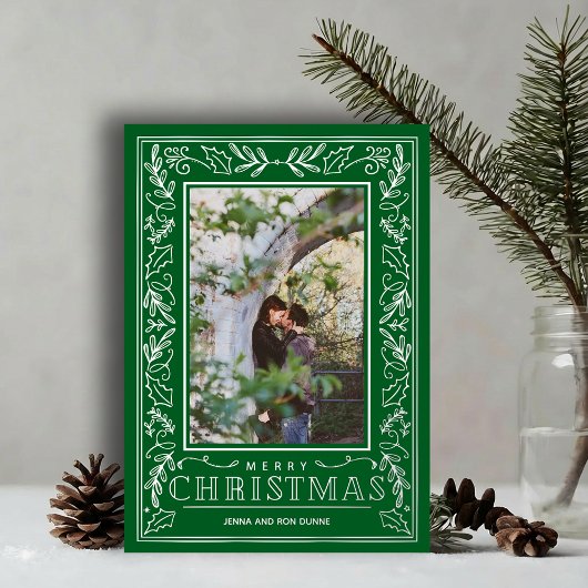 Stylish Greenery Christmas Photo Silver 箔シーズンカード